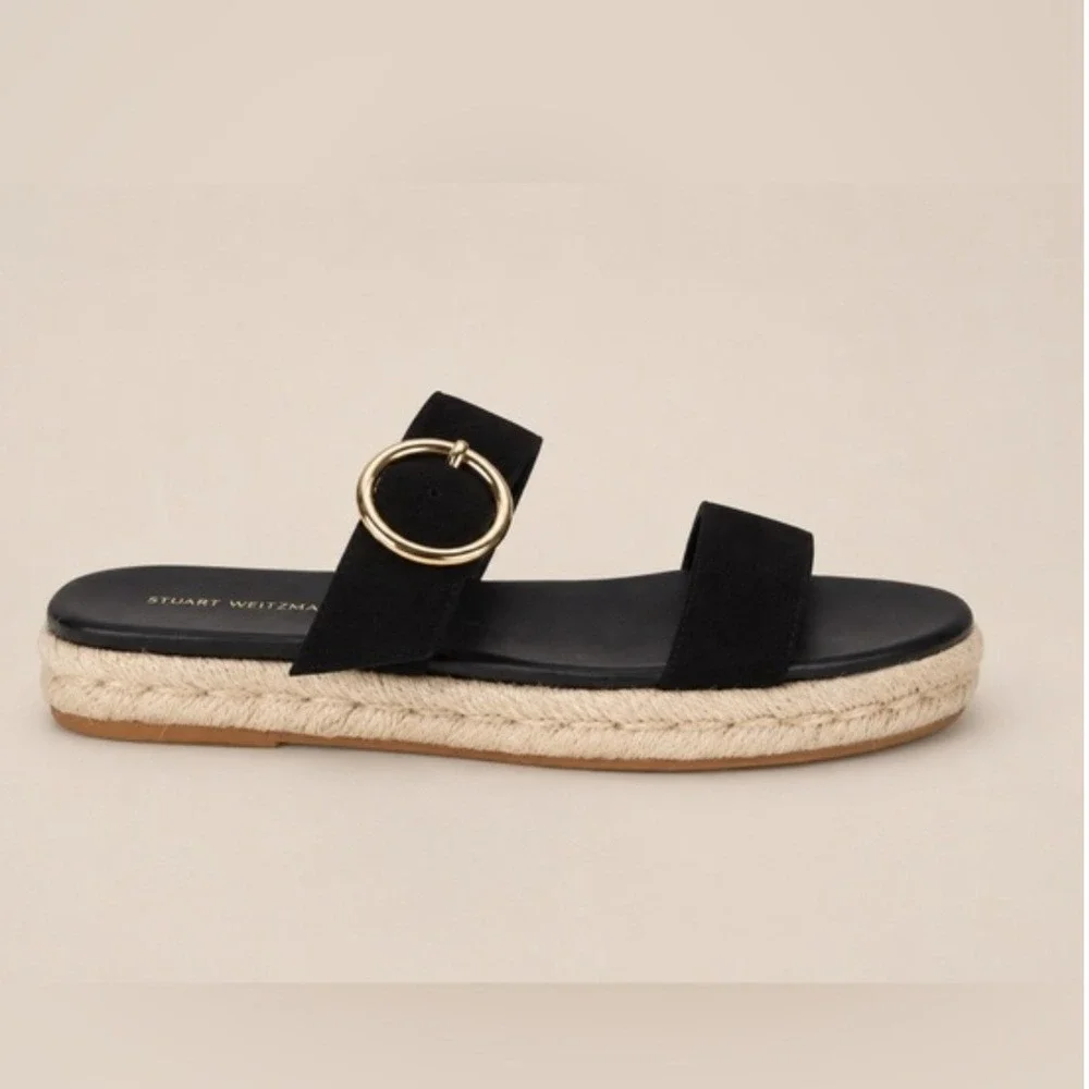 Stuart Weitzman Mykonos Black Suede Espadrille Sandals Gold Buckle- Size 8